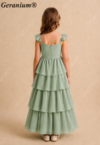 Geranium Sage Green Tiered Chiffon Flower Girl Dress with Flutter Sleeves | Elegant Junior Bridesmaid Gown KD-217J