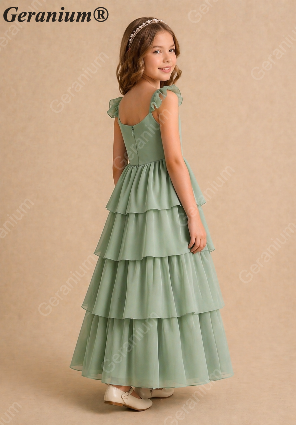 Geranium Sage Green Tiered Chiffon Flower Girl Dress with Flutter Sleeves | Elegant Junior Bridesmaid Gown KD-217J