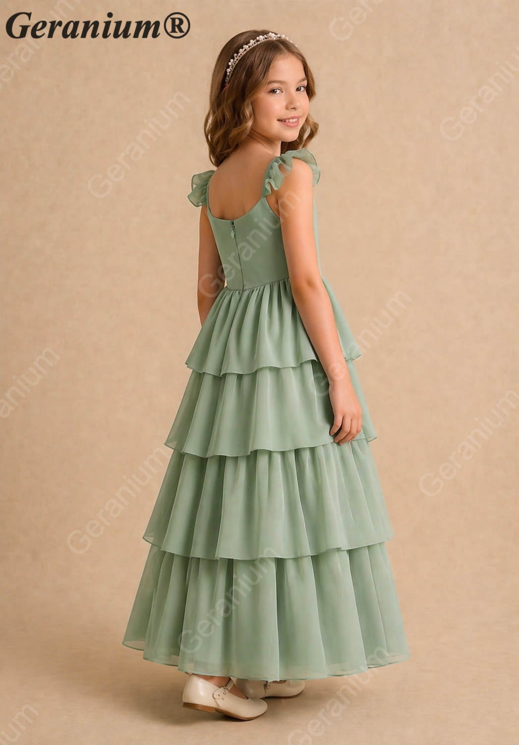 Geranium Sage Green Tiered Chiffon Flower Girl Dress with Flutter Sleeves | Elegant Junior Bridesmaid Gown KD-217J