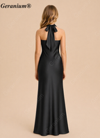 Geranium Black Satin Halter Neck Bridesmaid Dress with Open Back Bow – Elegant Slim Fit Maxi Evening Gown KD-96