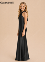 Geranium Black Satin Halter Neck Bridesmaid Dress with Open Back Bow – Elegant Slim Fit Maxi Evening Gown KD-96