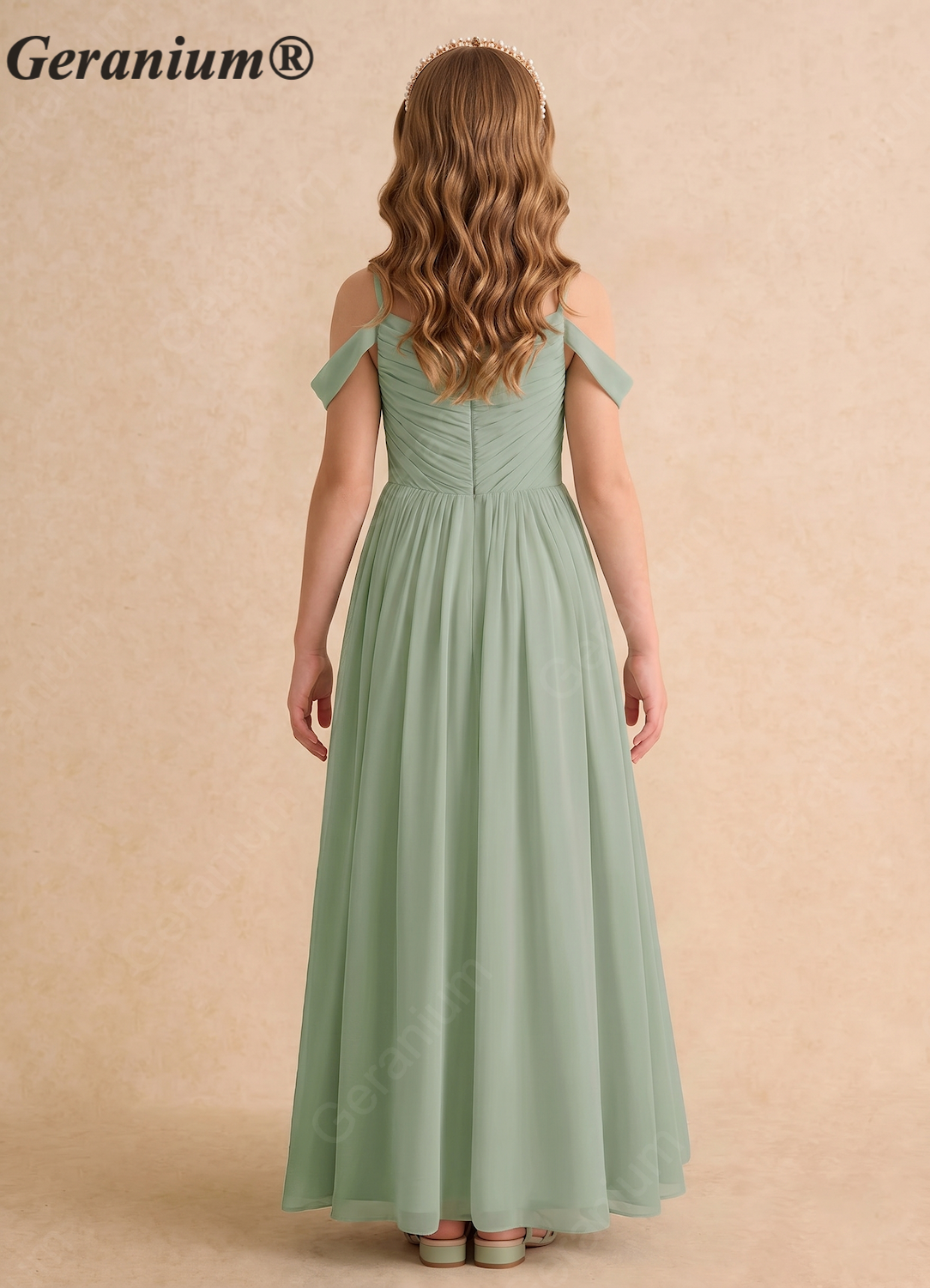 Geranium Sage Green Chiffon Flower Girl Dress with Pleated Bodice & Cold Shoulder Straps – Floor Length Junior Bridesmaid Dress KD-165
