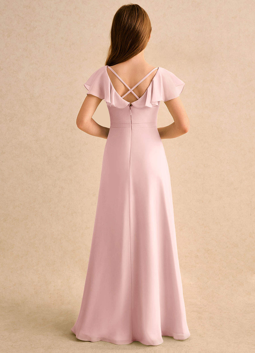 Geranium Blush Pink Chiffon Junior Bridesmaid Dress with Flutter Sleeves & Crisscross Back KD-147