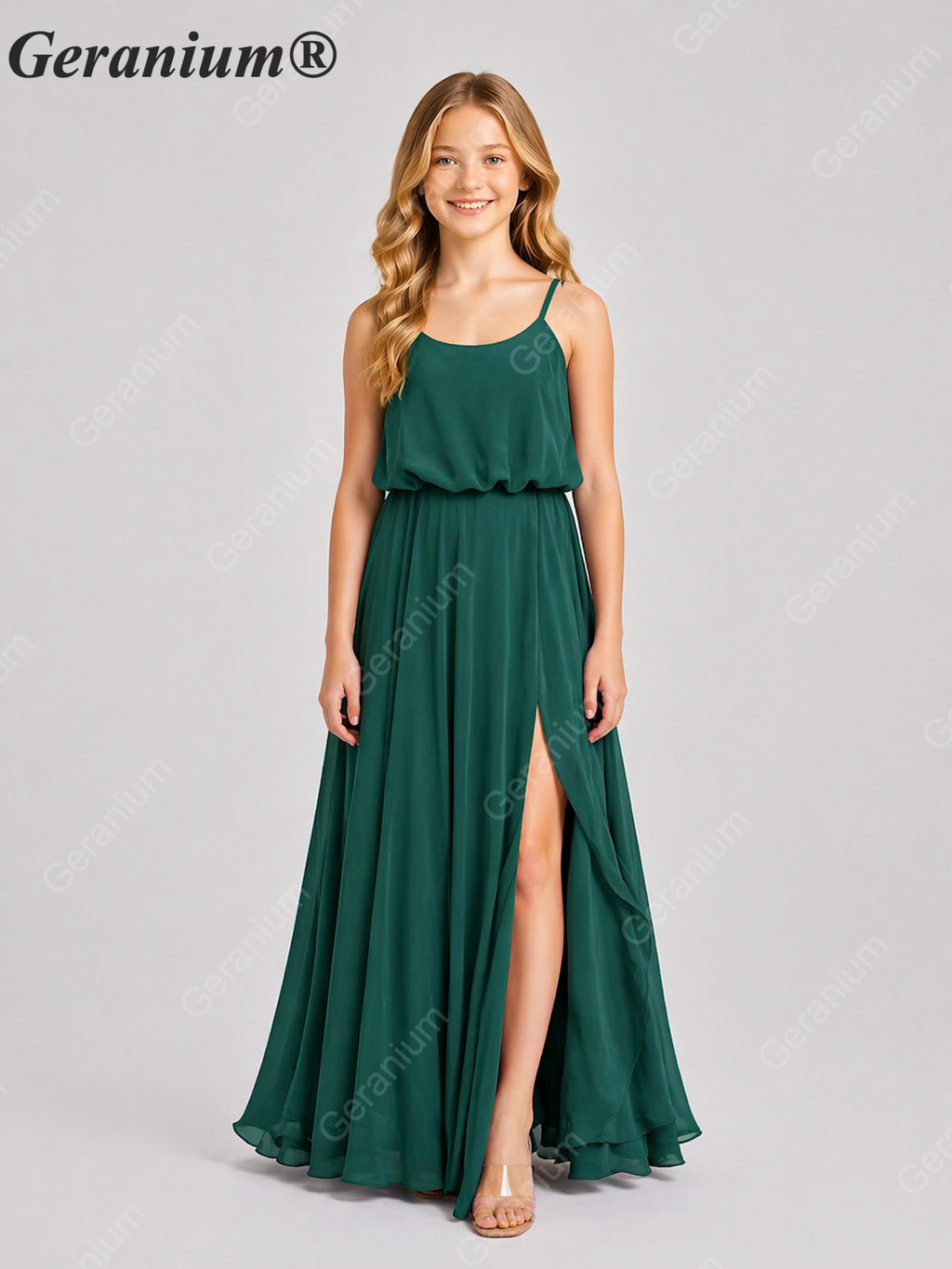 Geranium Elegant Chiffon Spaghetti Strap Junior Bridesmaid Dress with Leg Slit KD-314
