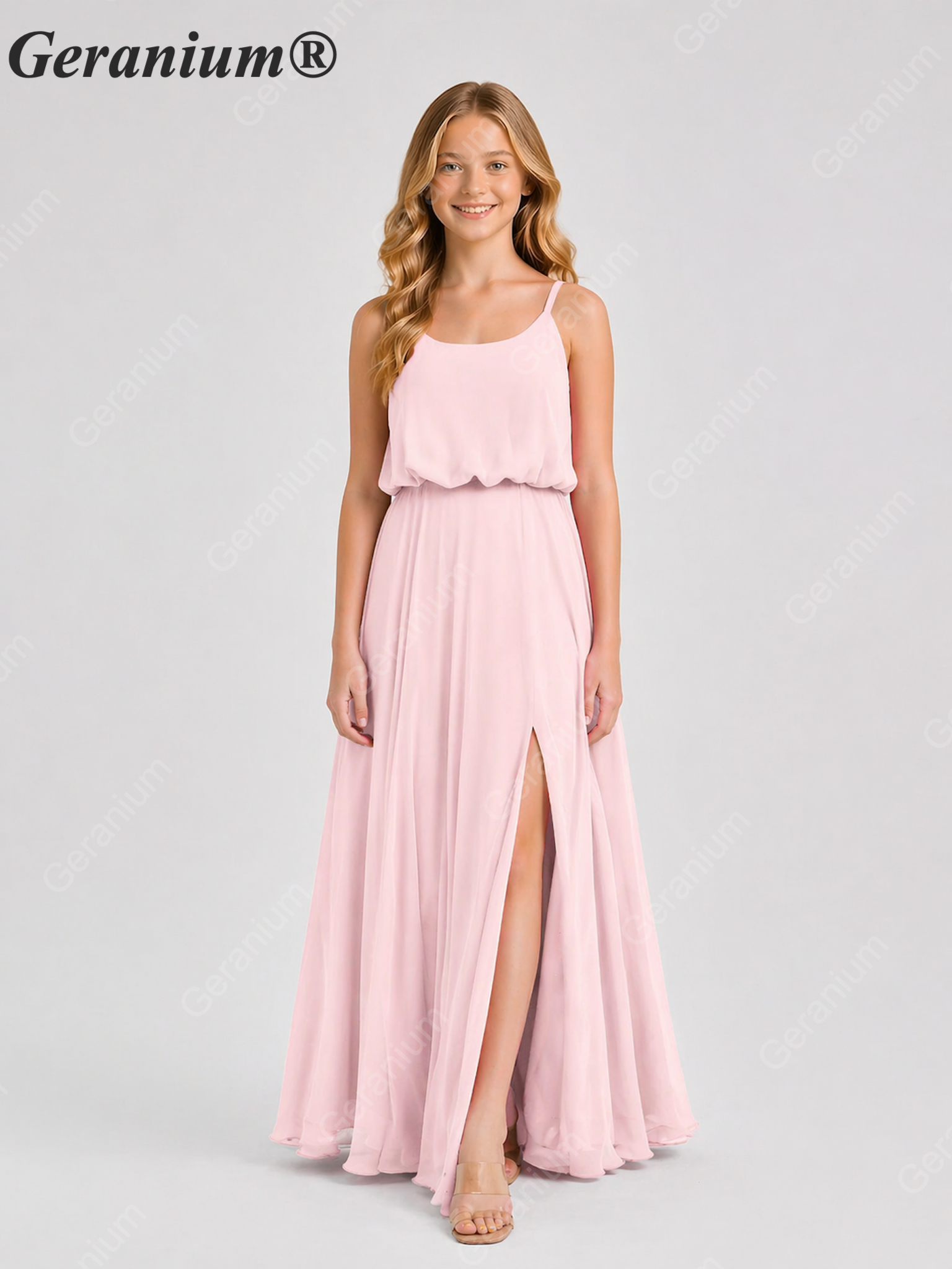 Geranium Chiffon Spaghetti Strap Junior Bridesmaid Dress with Slit – KD-314 Main image