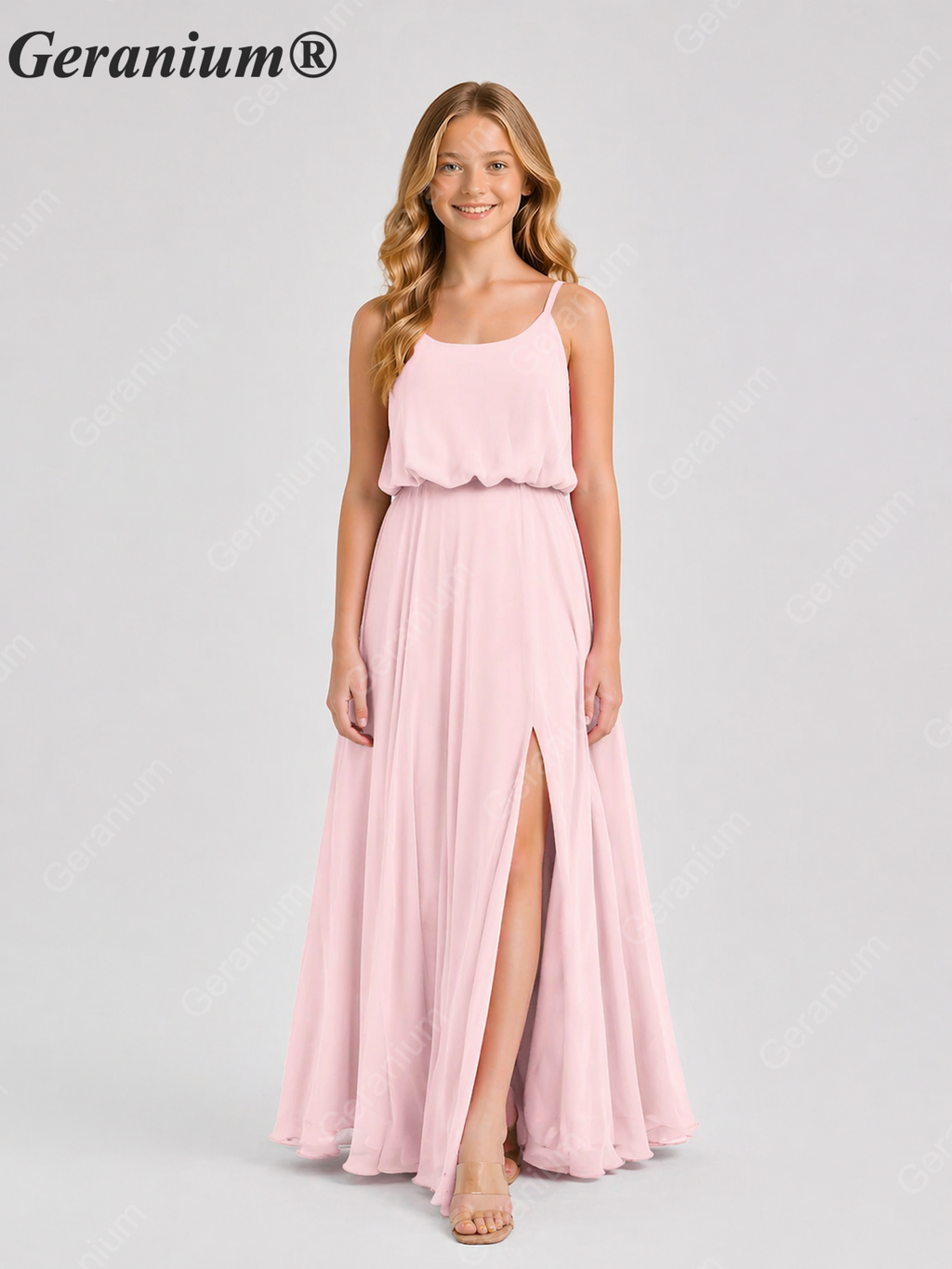 Geranium Elegant Chiffon Spaghetti Strap Junior Bridesmaid Dress with Leg Slit KD-314