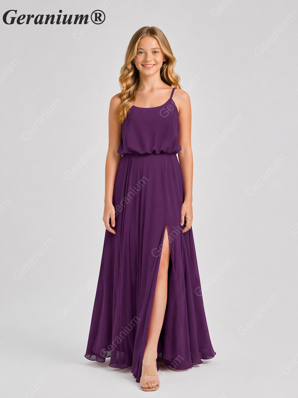 Geranium Elegant Chiffon Spaghetti Strap Junior Bridesmaid Dress with Leg Slit KD-314