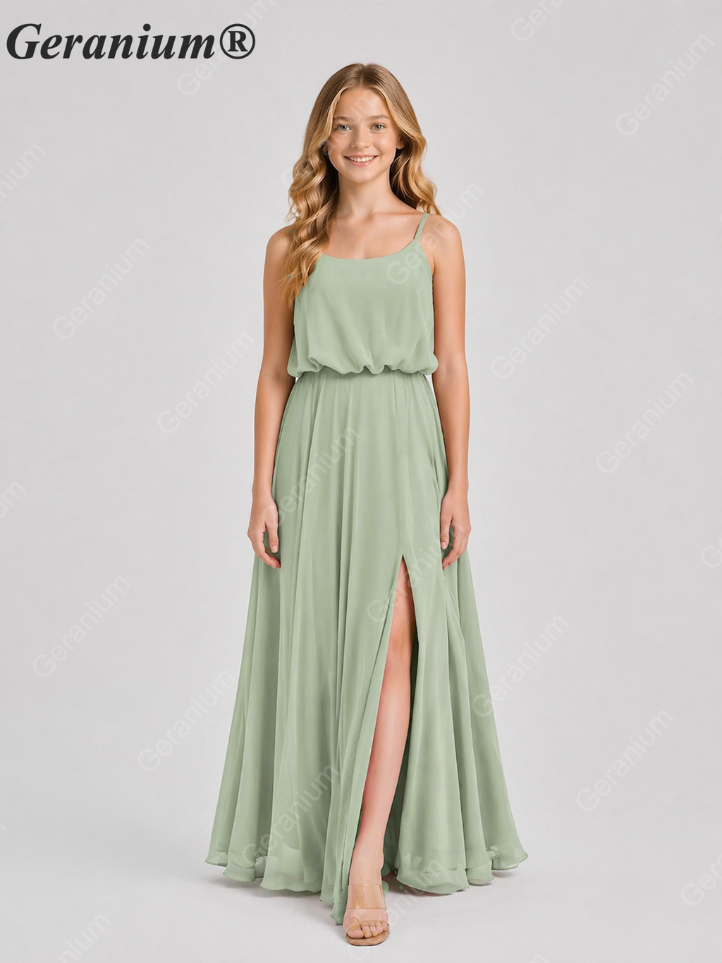 Geranium Elegant Chiffon Spaghetti Strap Junior Bridesmaid Dress with Leg Slit KD-314