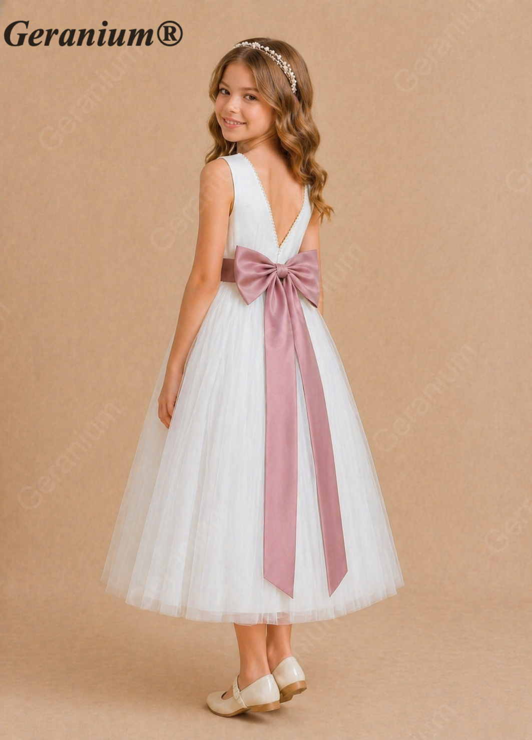 Geranium White Tulle Flower Girl Dress with Dusty Rose Satin Bow & Pearl V-Back – KD-9J Secondary image