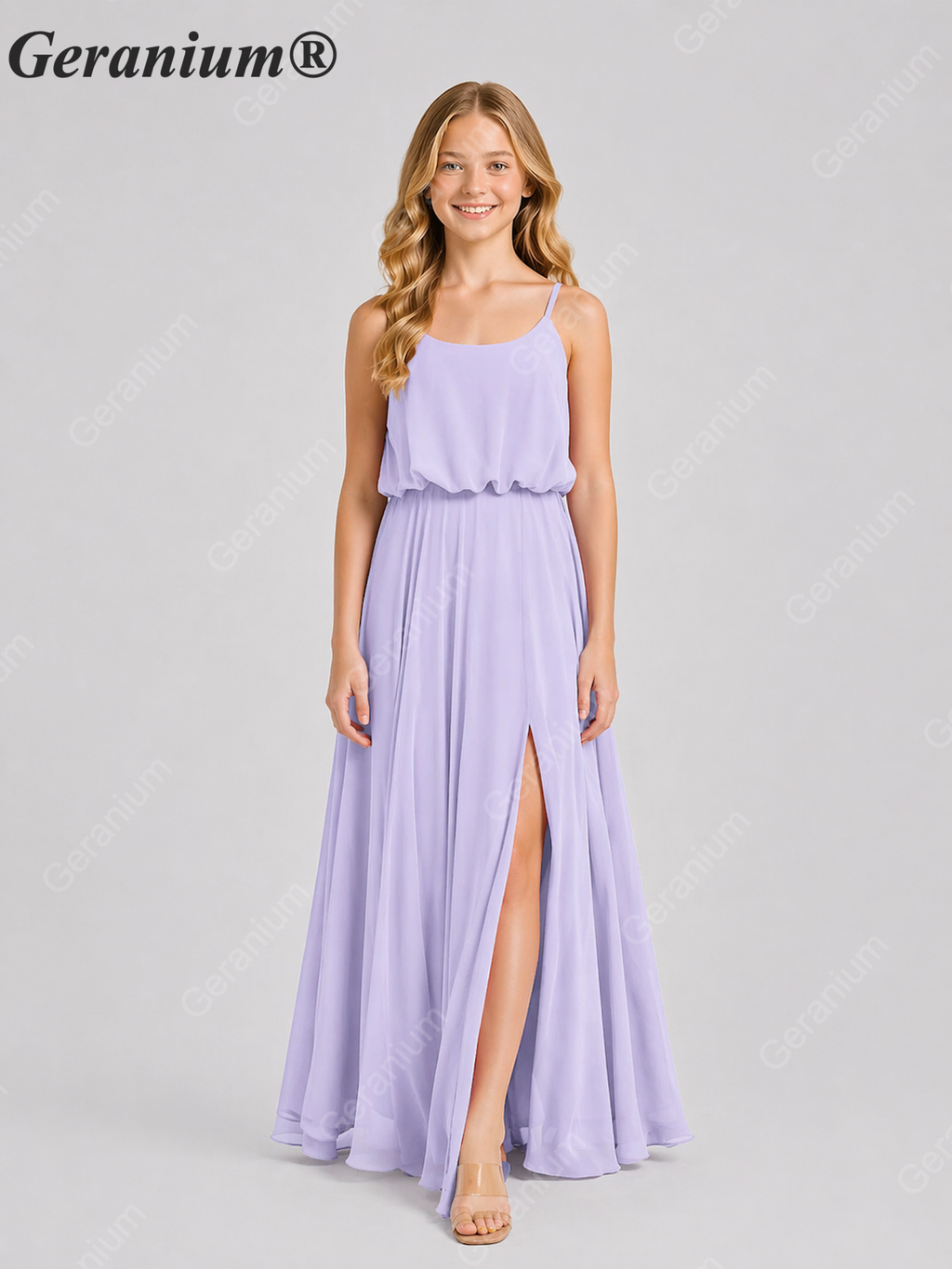 Geranium Elegant Chiffon Spaghetti Strap Junior Bridesmaid Dress with Leg Slit KD-314