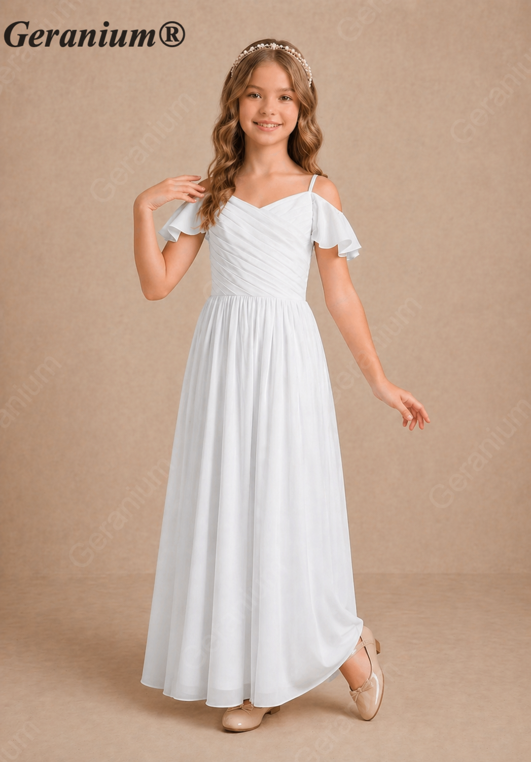 Geranium Elegant Chiffon Cold Shoulder Junior Bridesmaid Dress with Pleated Bodice KD-260J