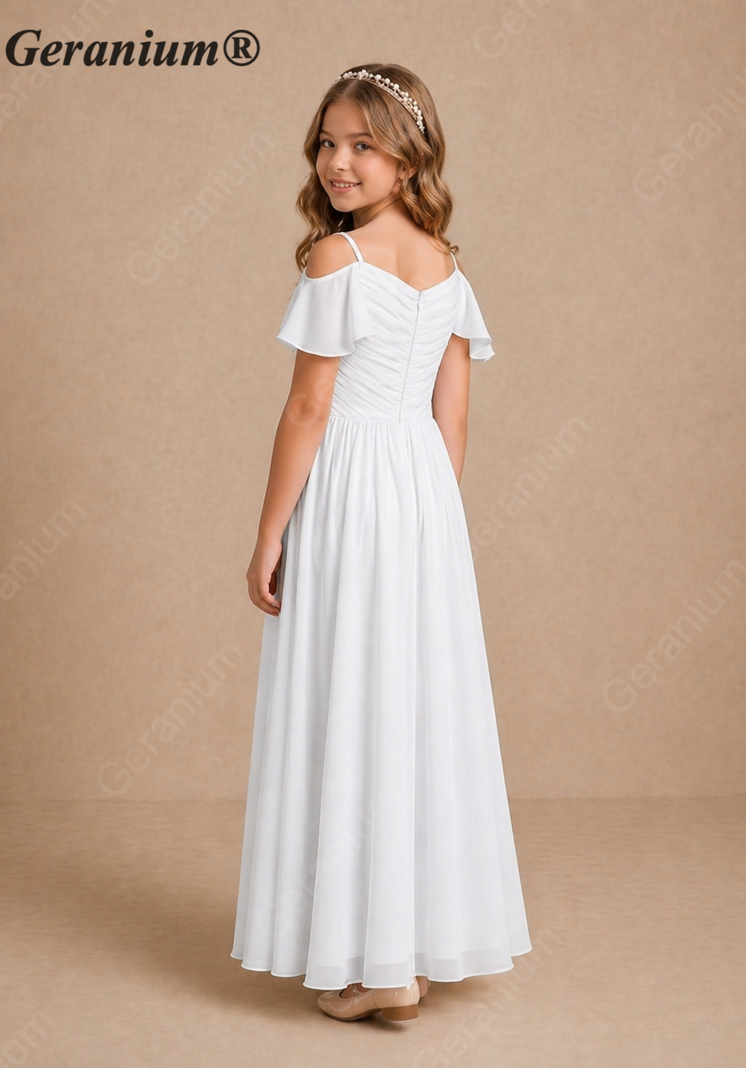 Geranium Chiffon Cold Shoulder Junior Bridesmaid Dress with Pleated Bodice – KD-260J Secondary image