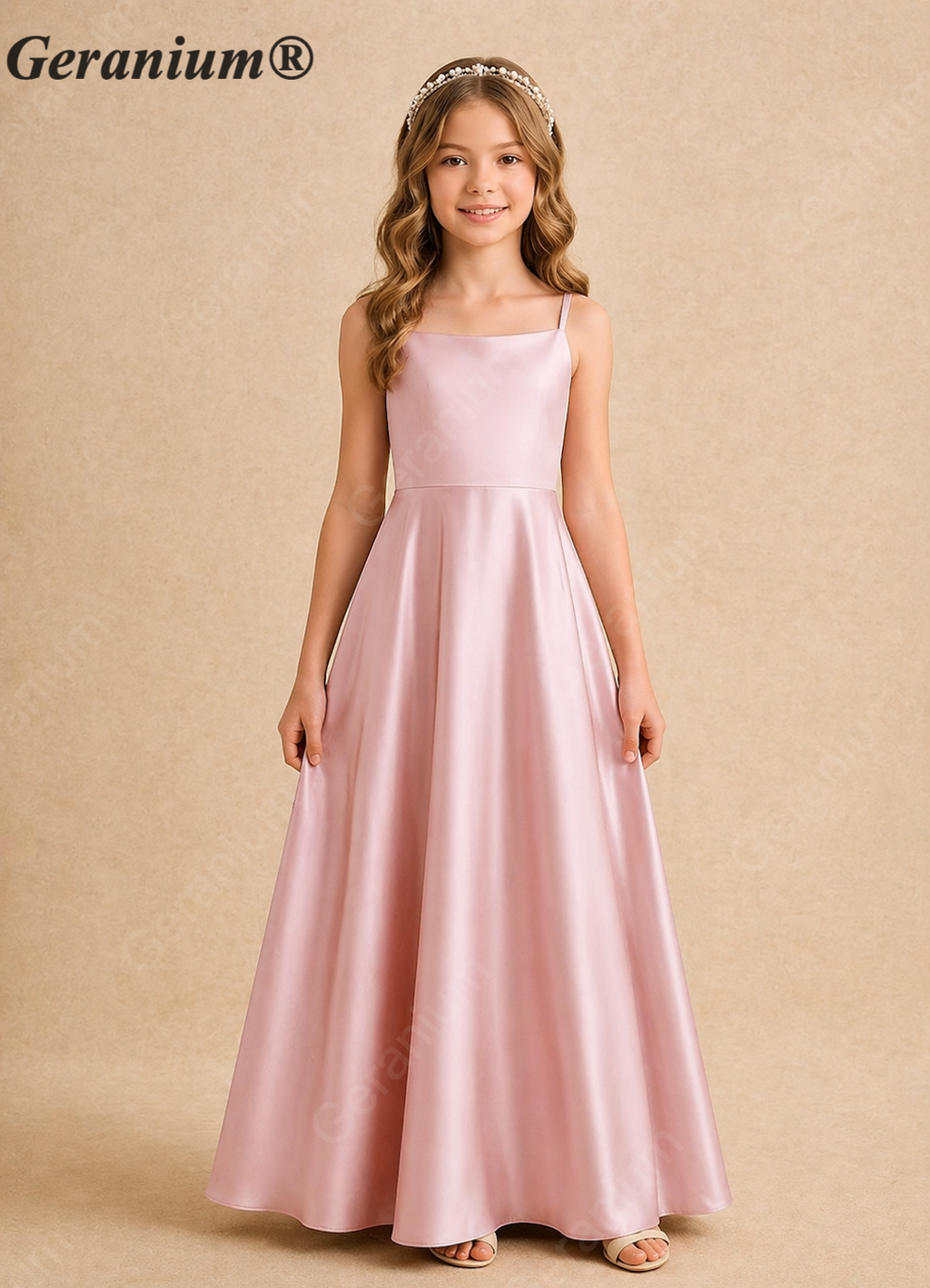 Geranium Elegant Satin Spaghetti Strap Junior Bridesmaid Dress with Statement Back Bow KD-215J