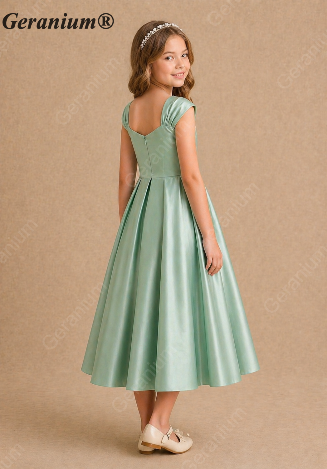 Geranium Elegant Sage Green Satin Junior Bridesmaid Dress with Pearl Square Neckline KD-211J
