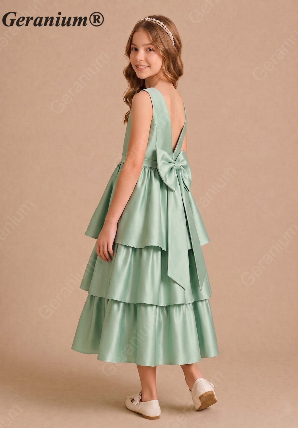 Geranium Girls Elegant Sleeveless Tiered Satin Party Dress with Big Bow KD-188J
