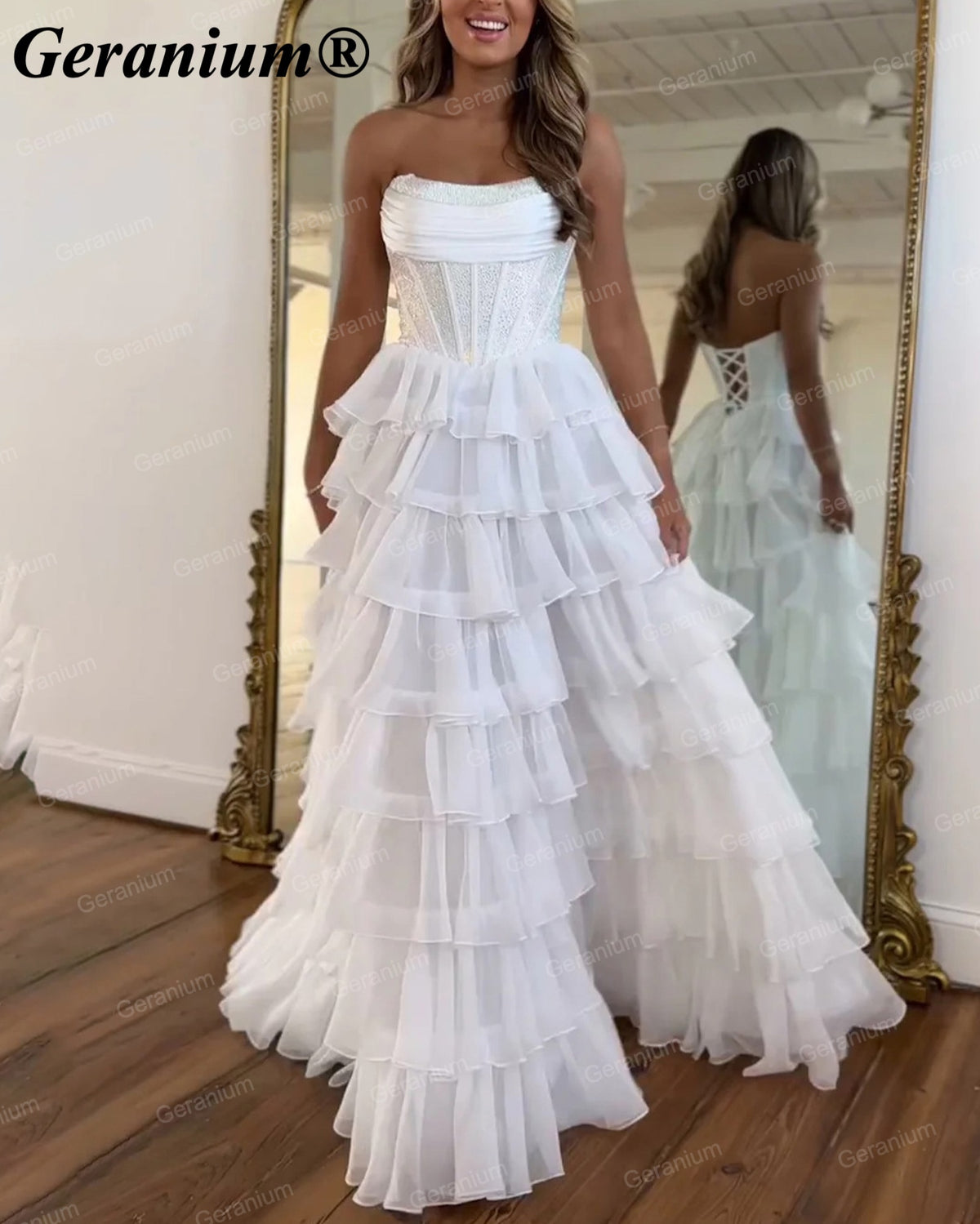 Geranium Rhinestone Corset Tiered Ruffle Ball Gown Prom Dress – GER708P