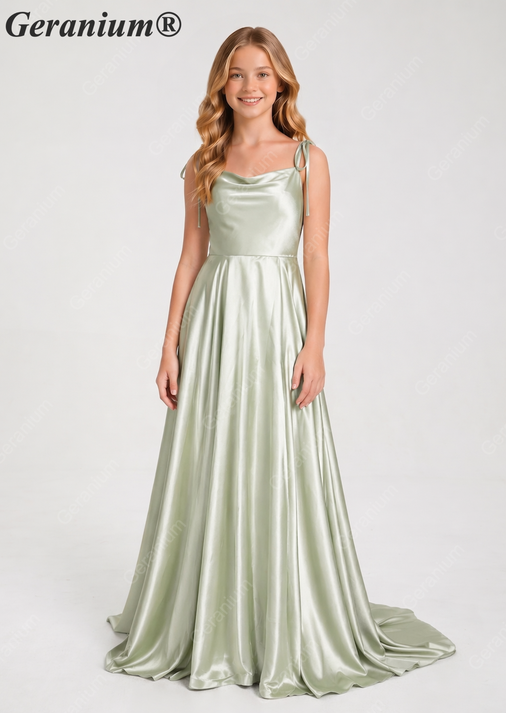 Geranium Elegant Sage Green Satin Cowl Neck Junior Bridesmaid Dress with Tie Straps KD-333 Main image