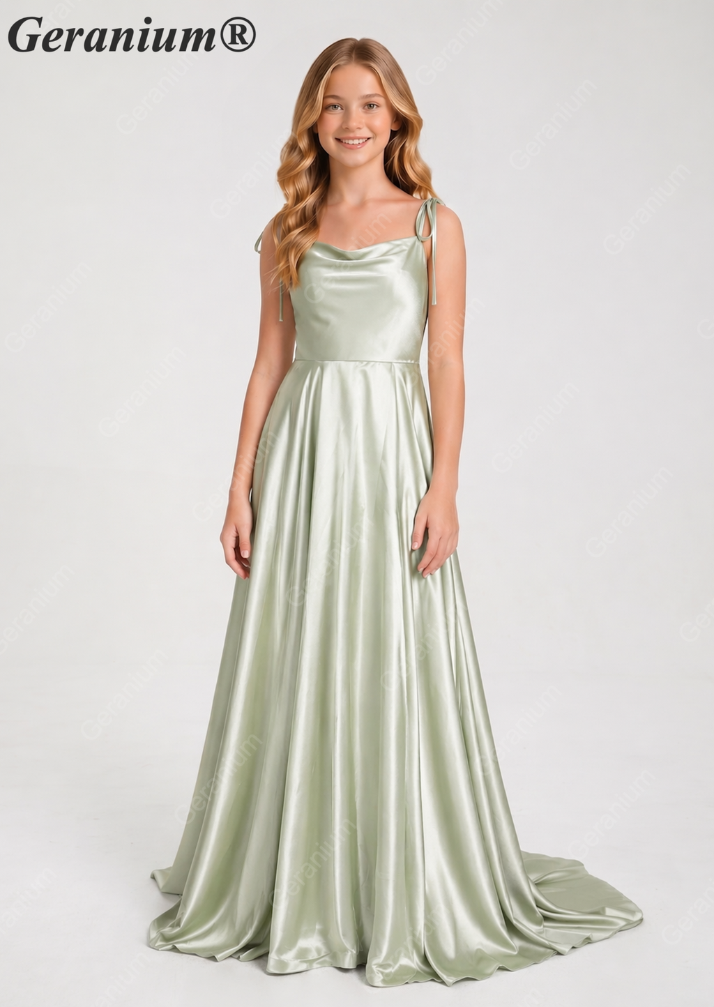Geranium Elegant Sage Green Satin Cowl Neck Junior Bridesmaid Dress with Tie Straps KD-333