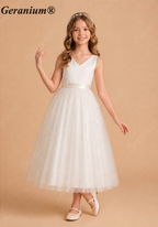 Geranium Elegant Minimalist V-Neck Satin and Tulle Flower Girl Dress with Back Bow KD-199J