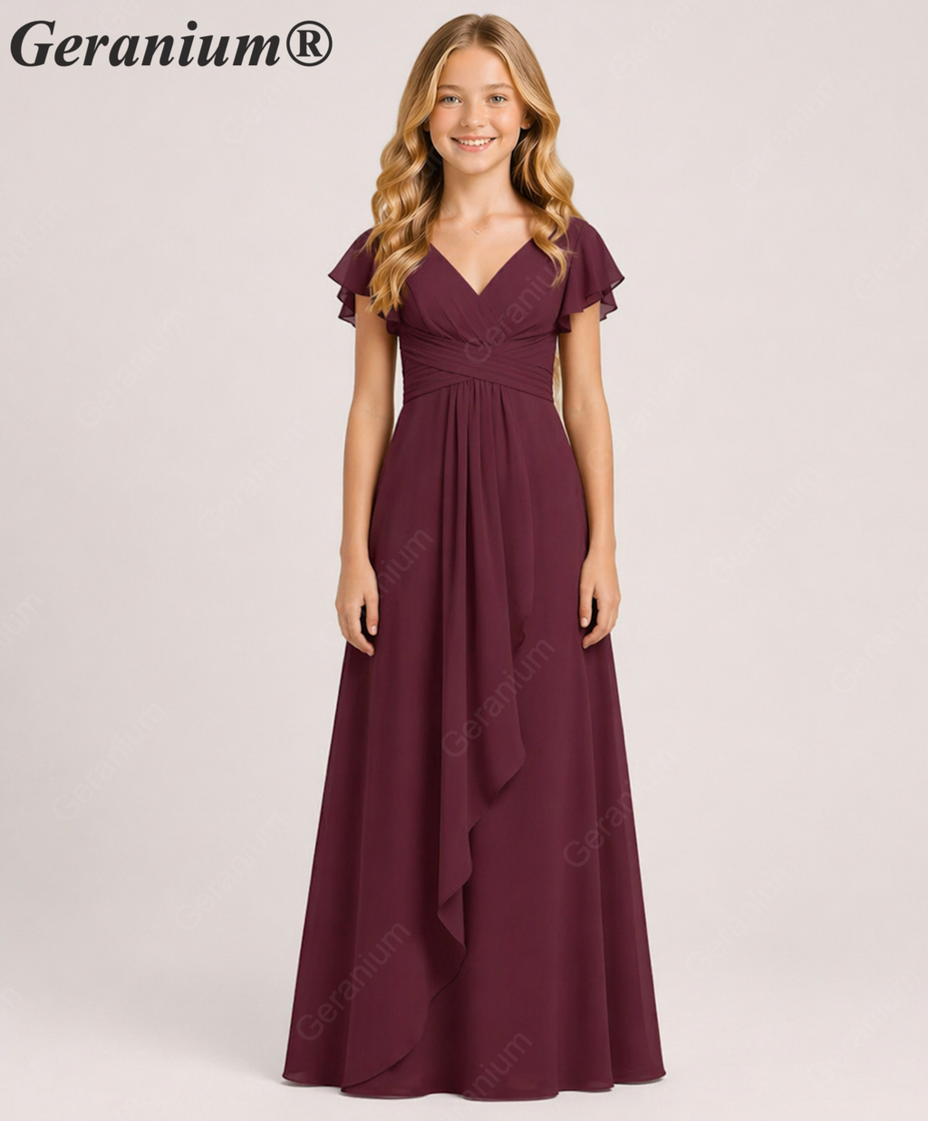 Geranium Elegant Chiffon Flutter Sleeve Junior Bridesmaid Dress with Ruched Bodice KD-319