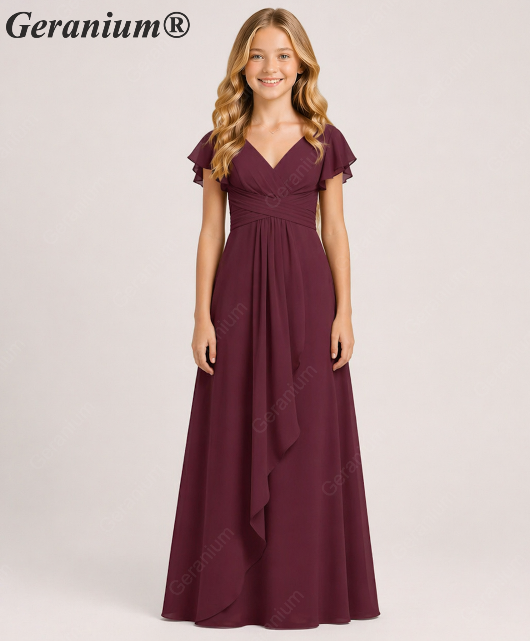 Geranium Elegant Chiffon Flutter Sleeve Junior Bridesmaid Dress with Ruched Bodice KD-319