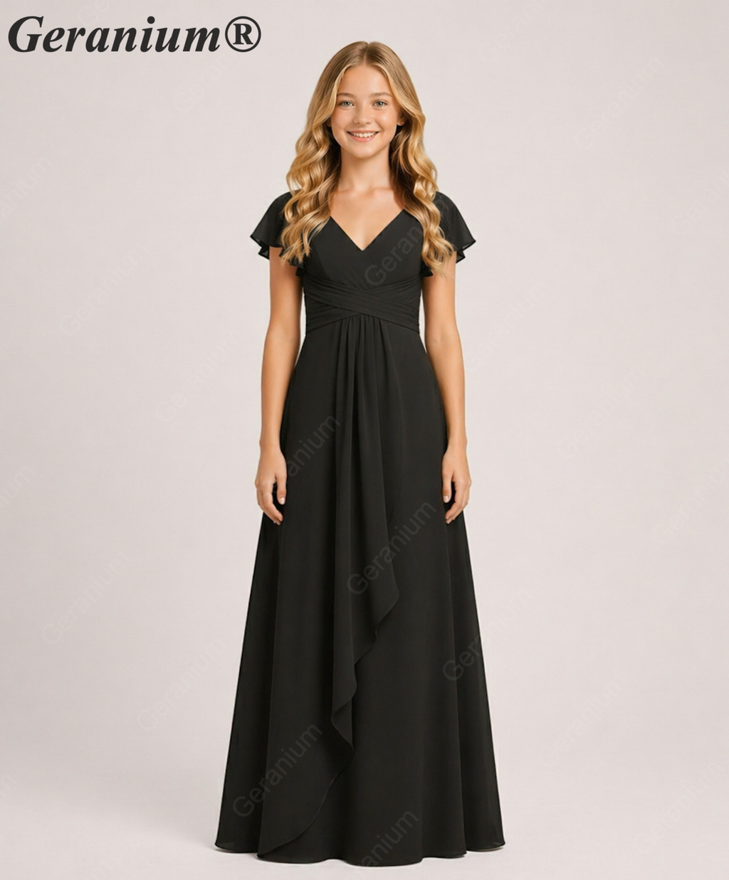 Geranium Elegant Chiffon Flutter Sleeve Junior Bridesmaid Dress with Ruched Bodice KD-319
