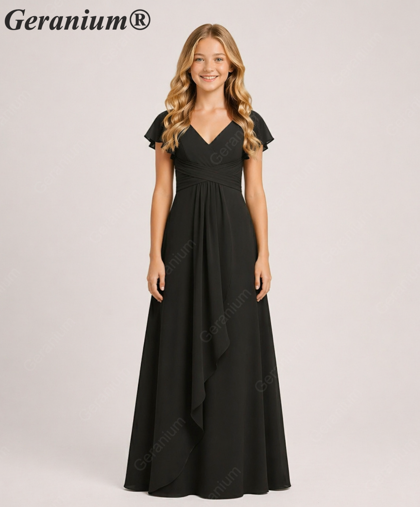 Geranium Elegant Chiffon Flutter Sleeve Junior Bridesmaid Dress with Ruched Bodice KD-319