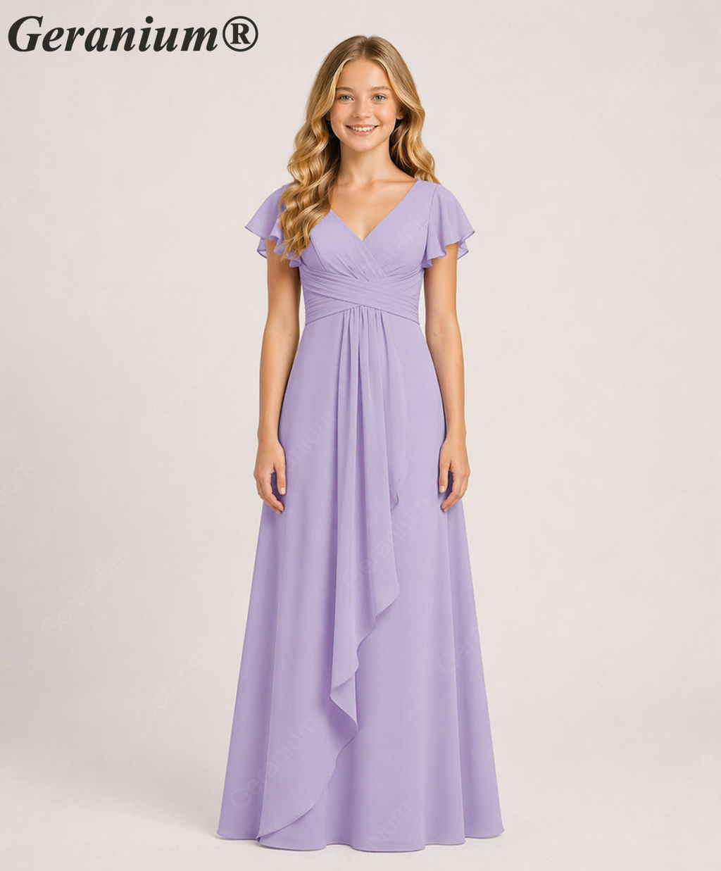 Geranium Elegant Chiffon Flutter Sleeve Junior Bridesmaid Dress with Ruched Bodice KD-319