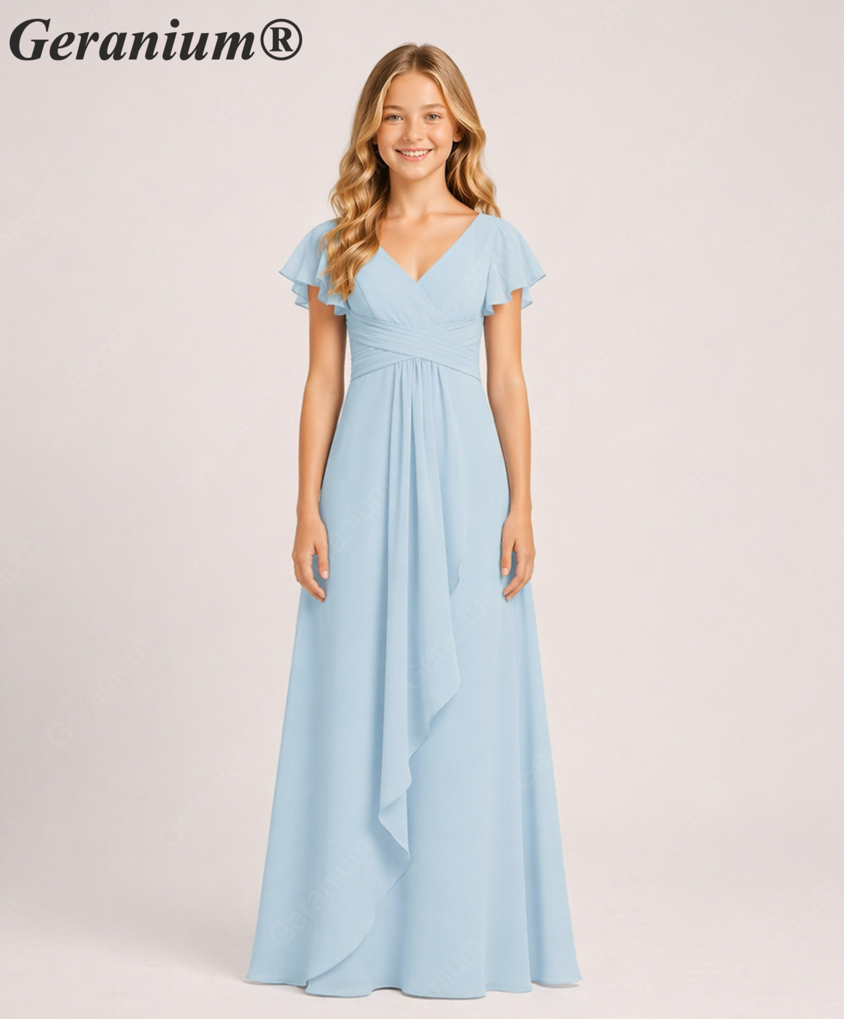Geranium Elegant Chiffon Flutter Sleeve Junior Bridesmaid Dress with Ruched Bodice KD-319