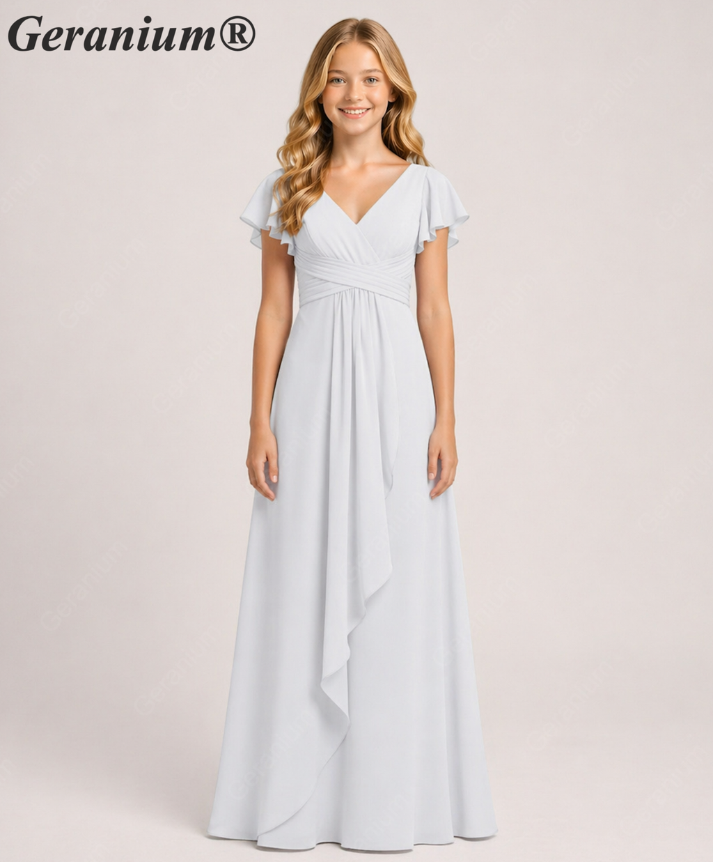 Geranium Elegant Chiffon Flutter Sleeve Junior Bridesmaid Dress with Ruched Bodice KD-319
