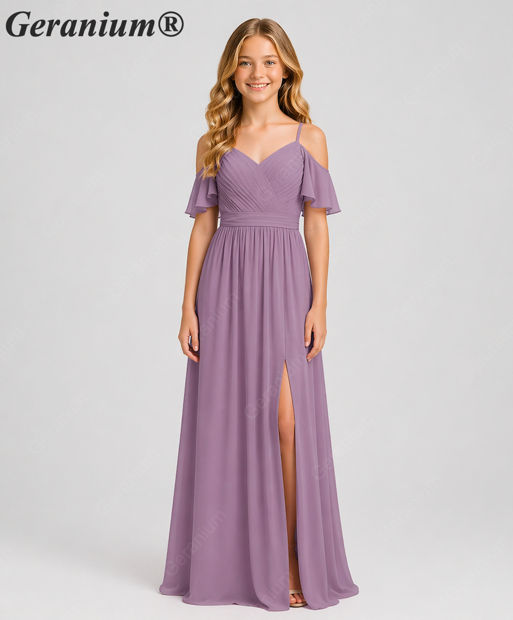 Geranium Elegant Cold Shoulder Chiffon Junior Bridesmaid Dress with Side Slit & Pleated Bodice KD-318