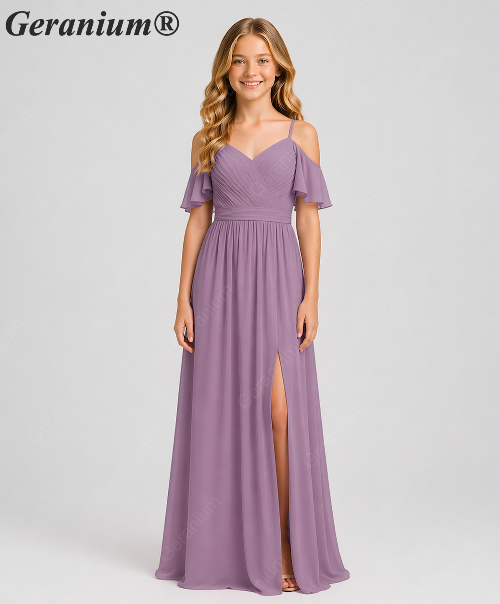 Geranium Elegant Cold Shoulder Chiffon Junior Bridesmaid Dress with Side Slit & Pleated Bodice KD-318
