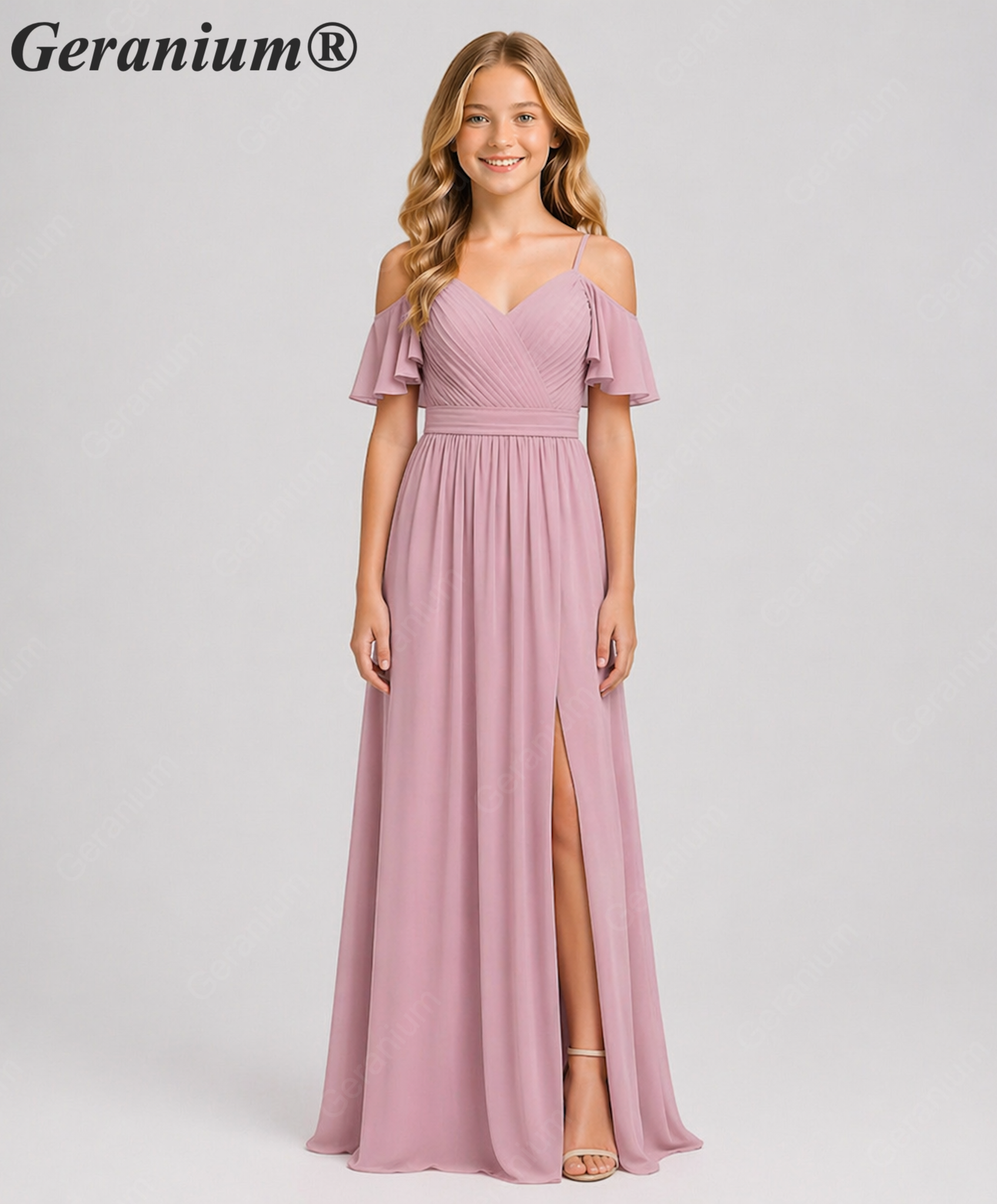 Geranium Elegant Cold Shoulder Chiffon Junior Bridesmaid Dress with Side Slit & Pleated Bodice KD-318