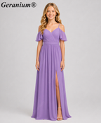 Geranium Elegant Cold Shoulder Chiffon Junior Bridesmaid Dress with Side Slit & Pleated Bodice KD-318