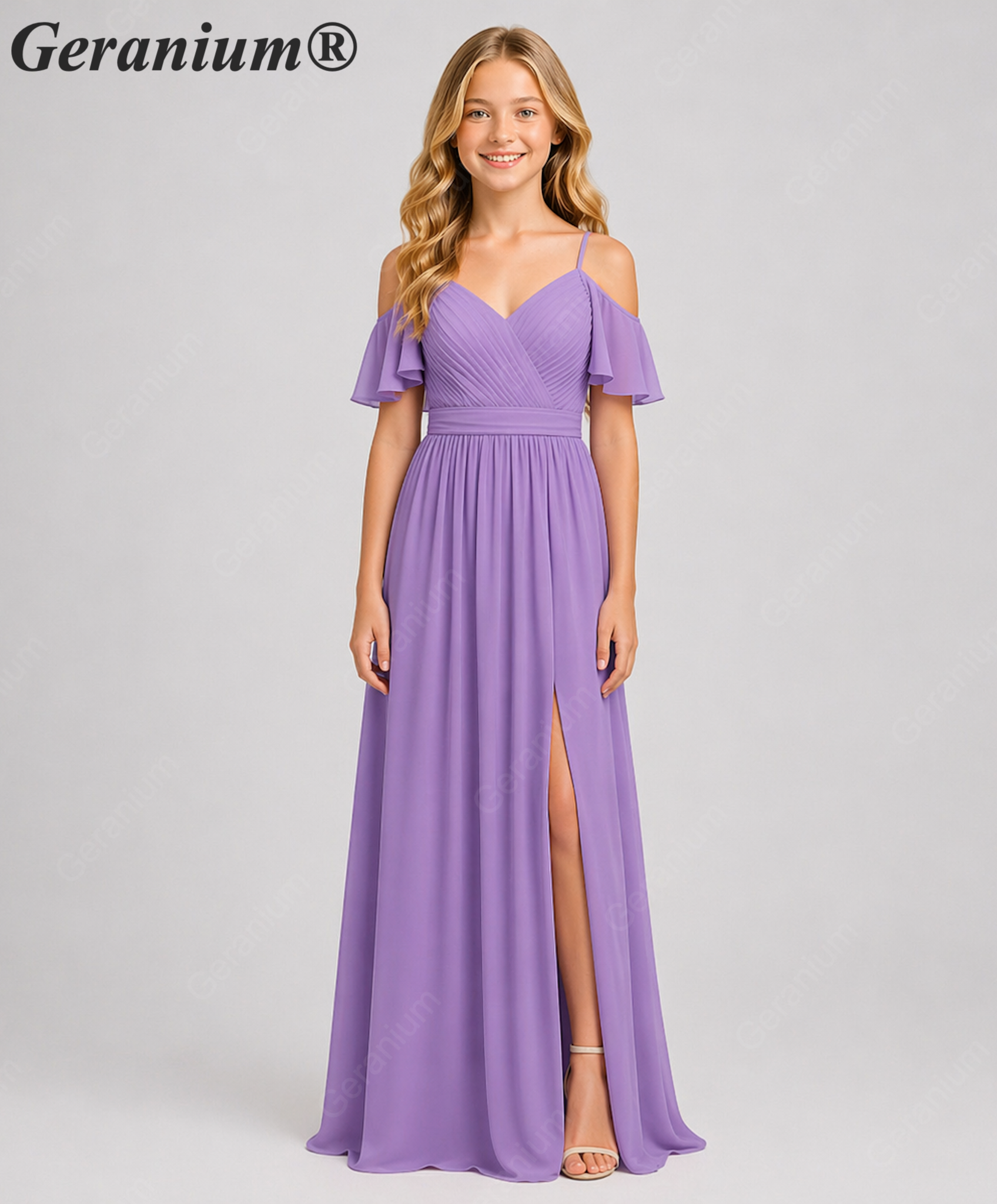 Geranium Elegant Cold Shoulder Chiffon Junior Bridesmaid Dress with Side Slit & Pleated Bodice KD-318