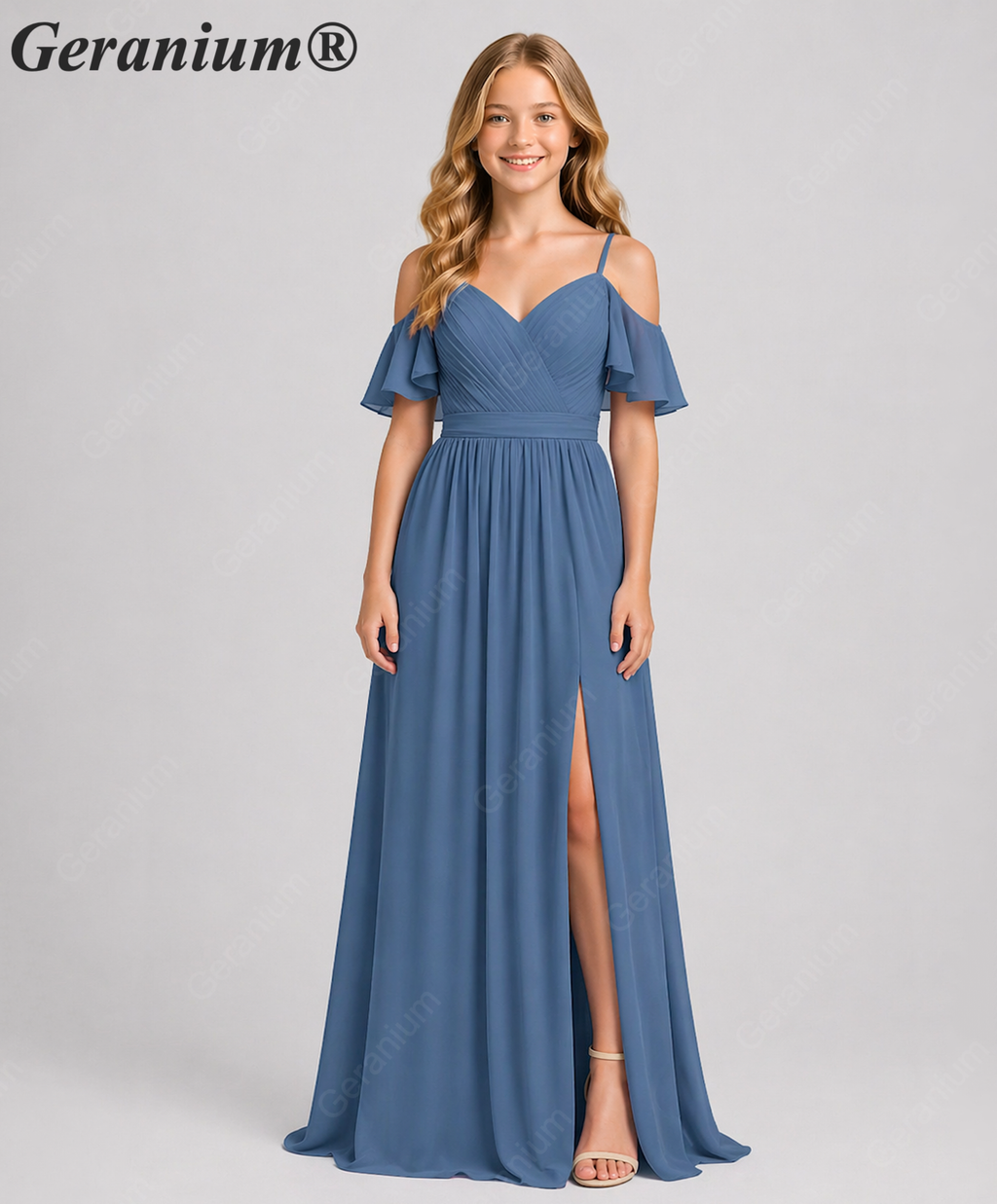 Geranium Elegant Cold Shoulder Chiffon Junior Bridesmaid Dress with Side Slit & Pleated Bodice KD-318