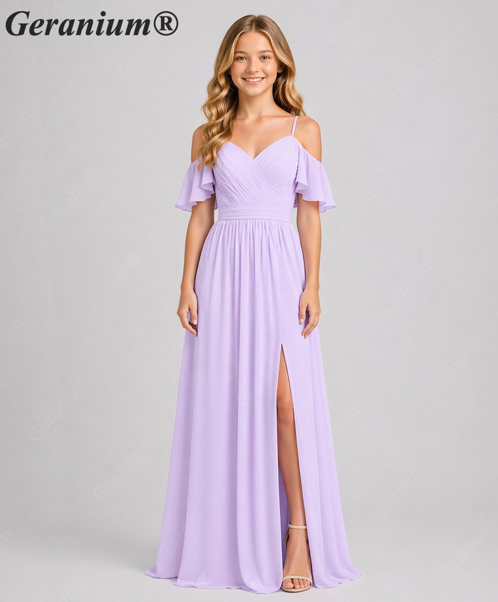 Geranium Elegant Cold Shoulder Chiffon Junior Bridesmaid Dress with Side Slit & Pleated Bodice KD-318