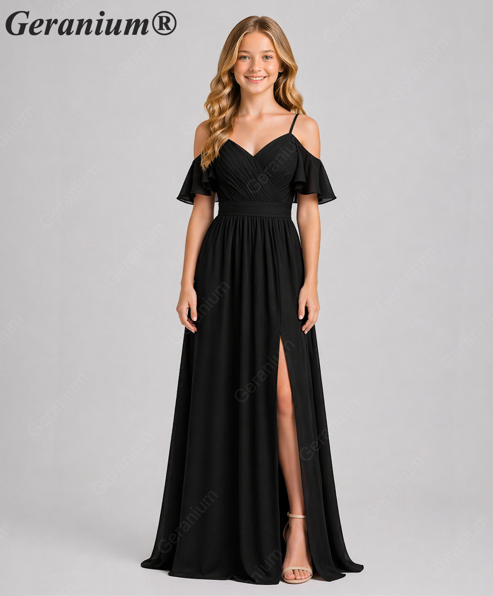 Geranium Elegant Cold Shoulder Chiffon Junior Bridesmaid Dress with Side Slit & Pleated Bodice KD-318
