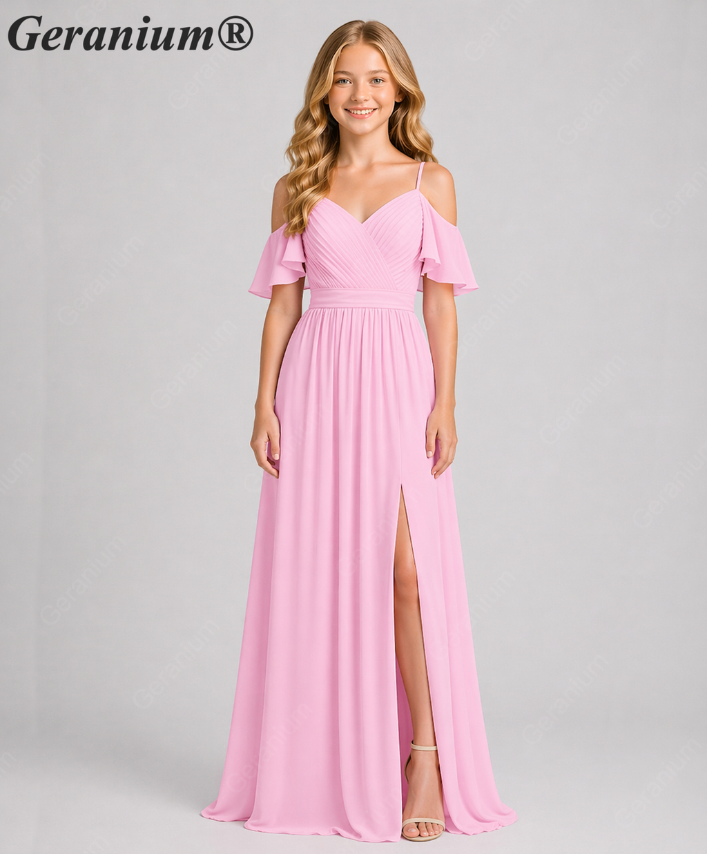 Geranium Elegant Cold Shoulder Chiffon Junior Bridesmaid Dress with Side Slit & Pleated Bodice KD-318
