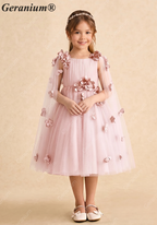 Geranium Enchanting Dusty Pink 3D Floral Flower Girl Dress with Ethereal Tulle Cape Sleeves KD-198