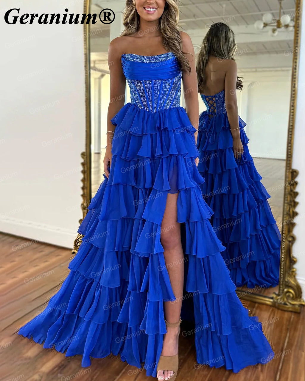Geranium Rhinestone Corset Tiered Ruffle Ball Gown Prom Dress – GER708P