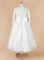 Geranium Elegant Lace Long Sleeve Flower Girl Dress with Oversized Back Bow & Tulle Train KD-208