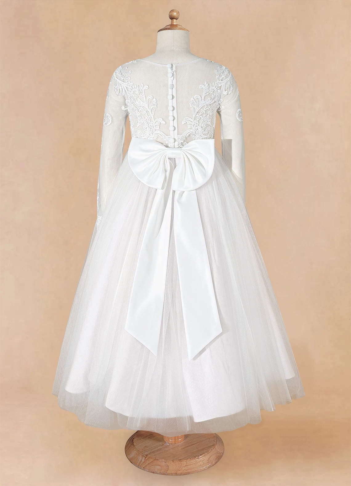 Geranium Elegant Lace Long Sleeve Flower Girl Dress with Oversized Back Bow & Tulle Train KD-208
