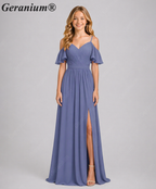 Geranium Elegant Cold Shoulder Chiffon Junior Bridesmaid Dress with Side Slit & Pleated Bodice KD-318