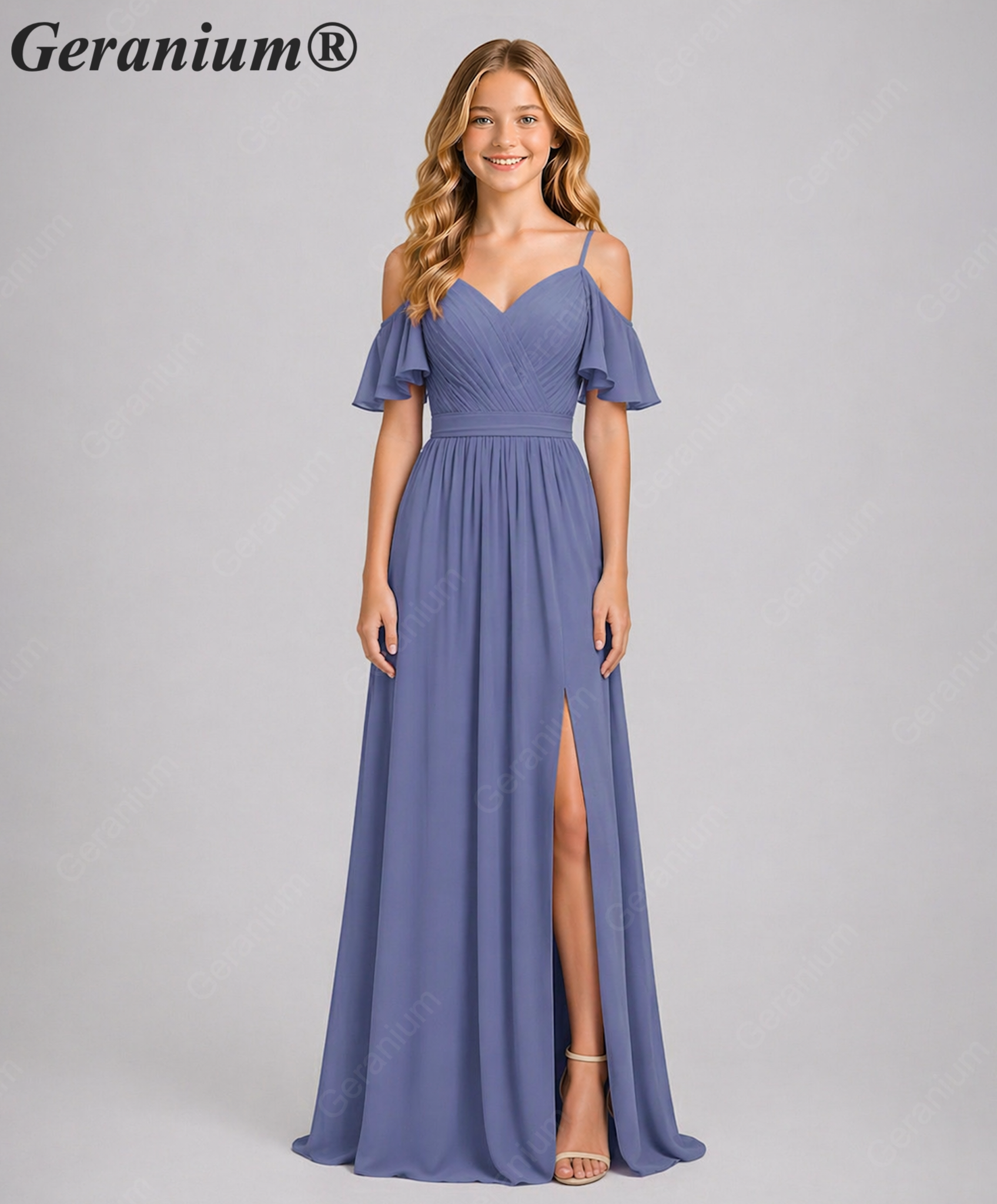 Geranium Elegant Cold Shoulder Chiffon Junior Bridesmaid Dress with Side Slit & Pleated Bodice KD-318