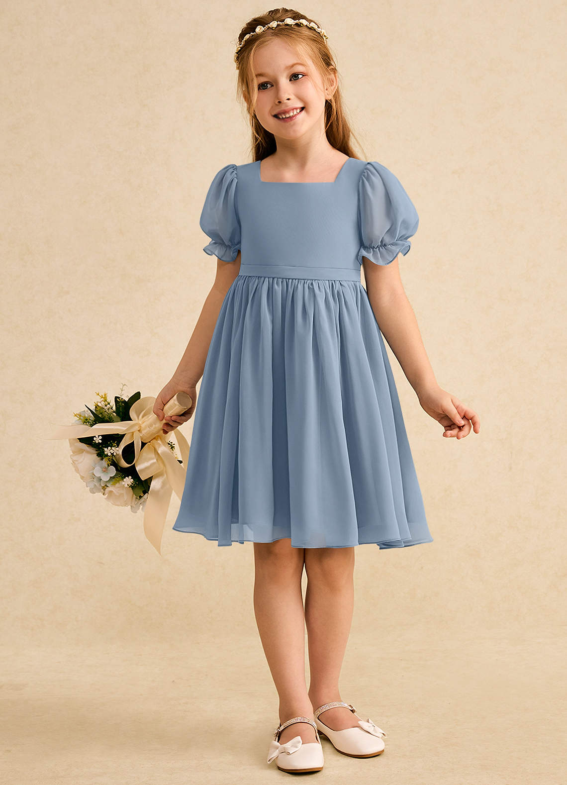 Geranium Elegant Square Neck Chiffon Flower Girl Dress with Puff Sleeves and Detachable Back Bow KD-301
