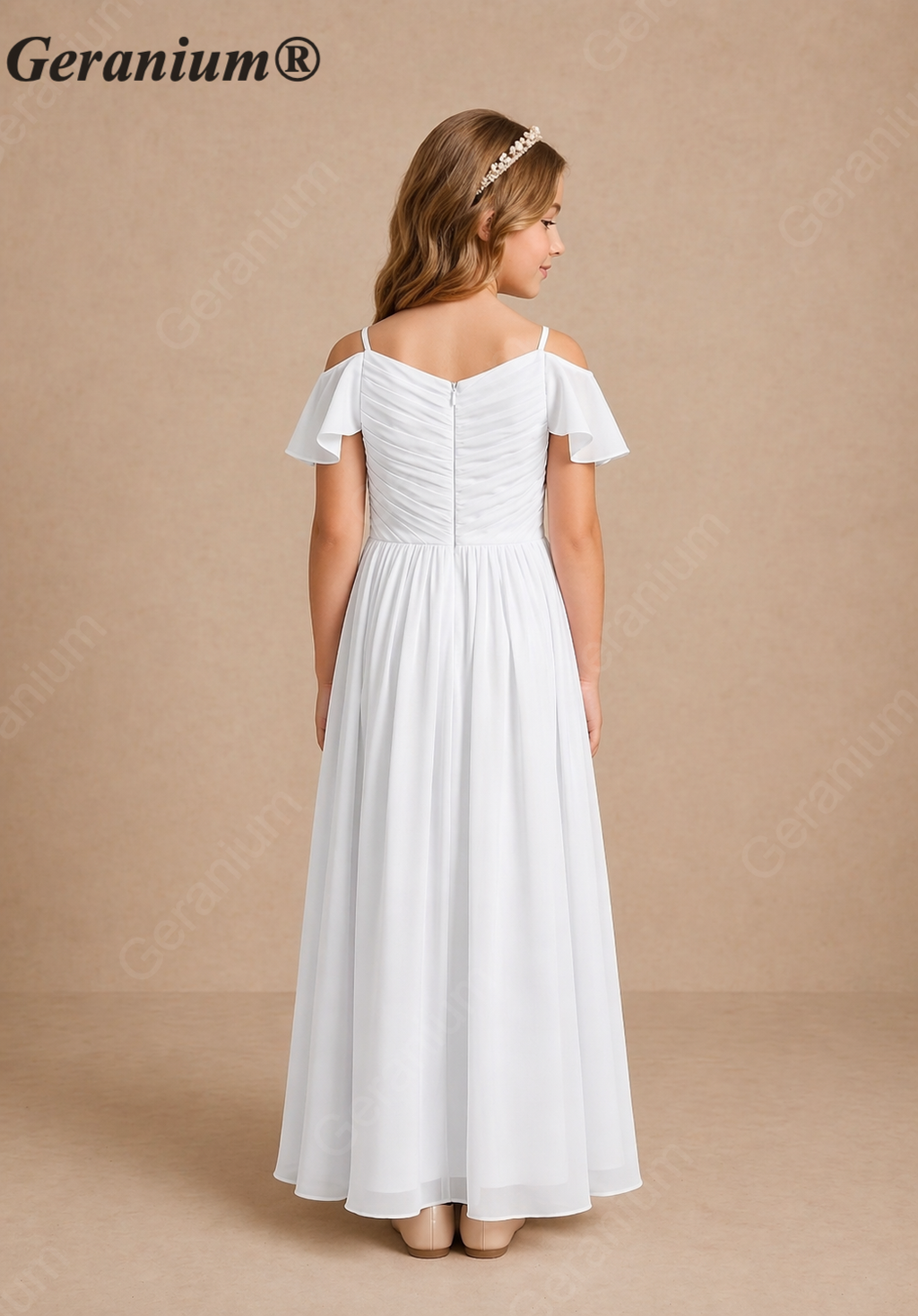 Geranium Elegant Chiffon Cold Shoulder Junior Bridesmaid Dress with Pleated Bodice KD-260J