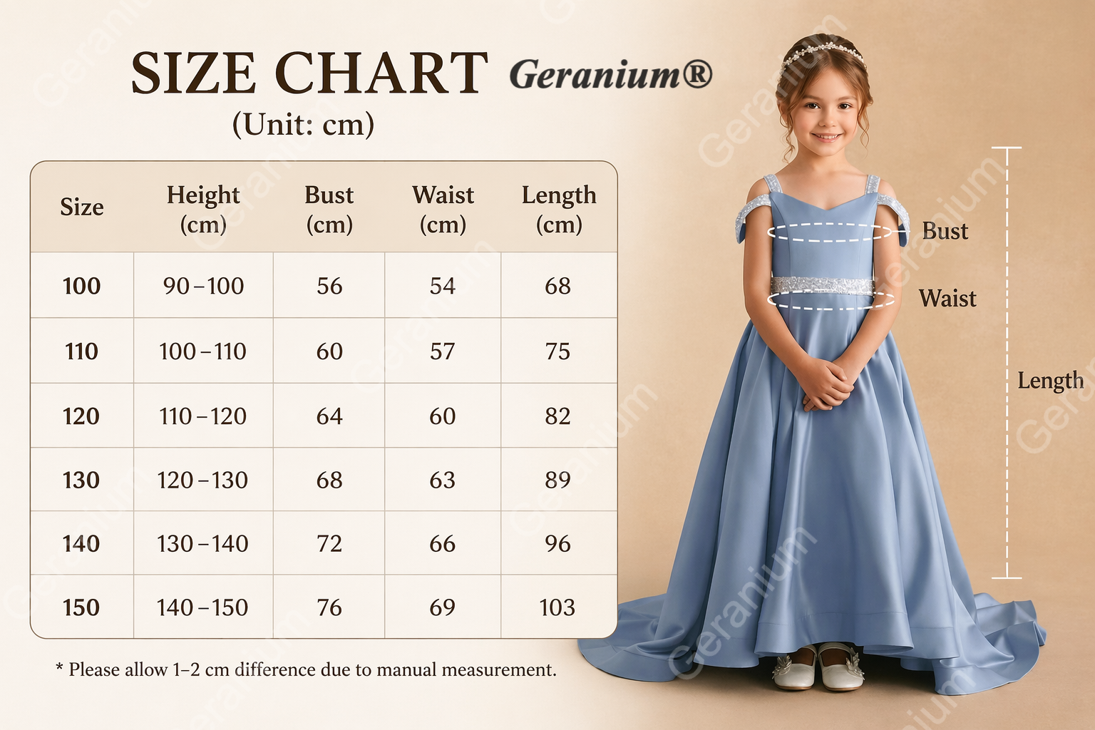 Geranium Ice Blue Satin Cold-Shoulder Flower Girl Dress with Sequin Waist & Long Train KD-263