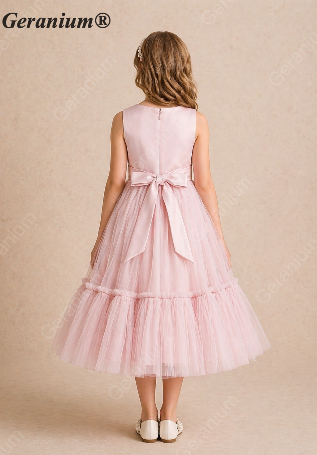 Geranium Elegant Blush Pink Tulle Flower Girl Dress with 3D Floral Waist & Back Bow KD-206J