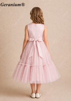 Geranium Elegant Blush Pink Tulle Flower Girl Dress with 3D Floral Waist & Back Bow KD-206J